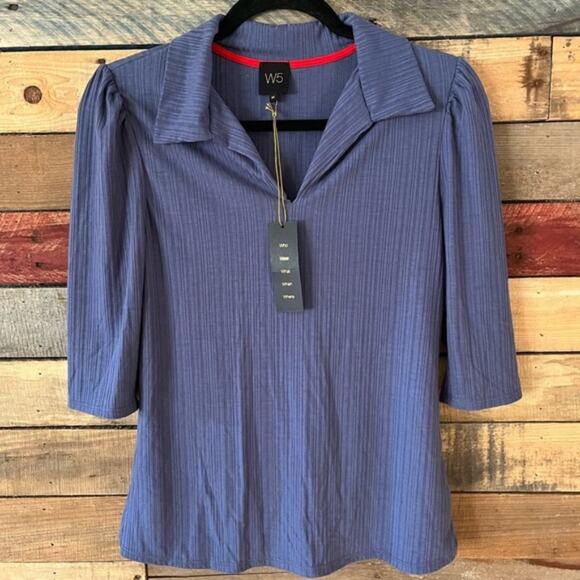 W5 Blue Ribbed Collar Top Size Medium‎ - Picture 1 of 8